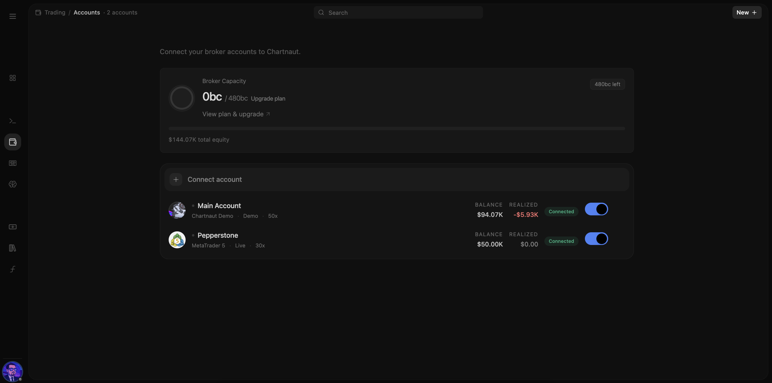 Morpheus Accounts — connect, switch, rename, and disconnect broker accounts from one place.