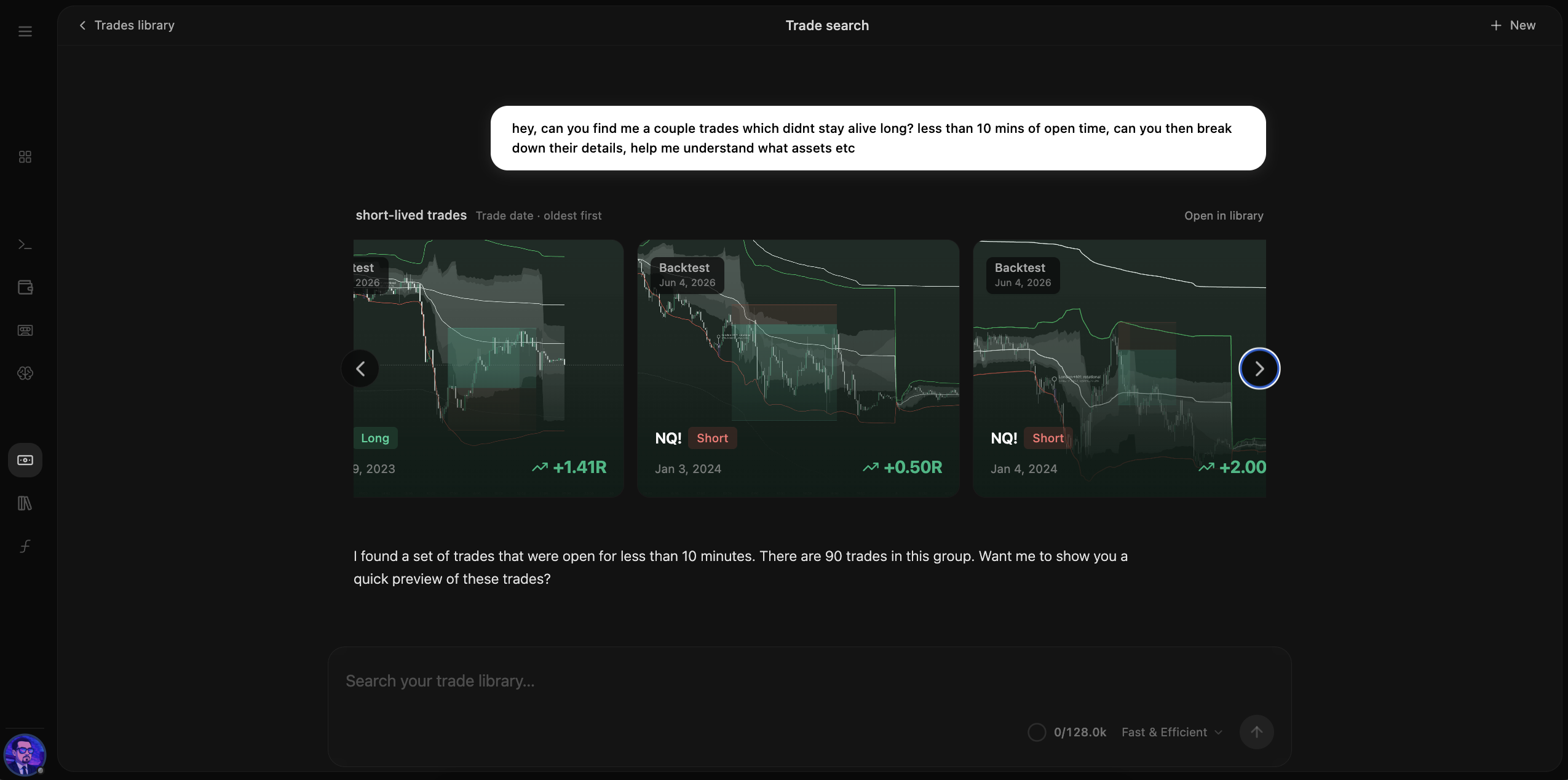 AI trade search — a plain-English question returning real trade rows, not a generated summary.