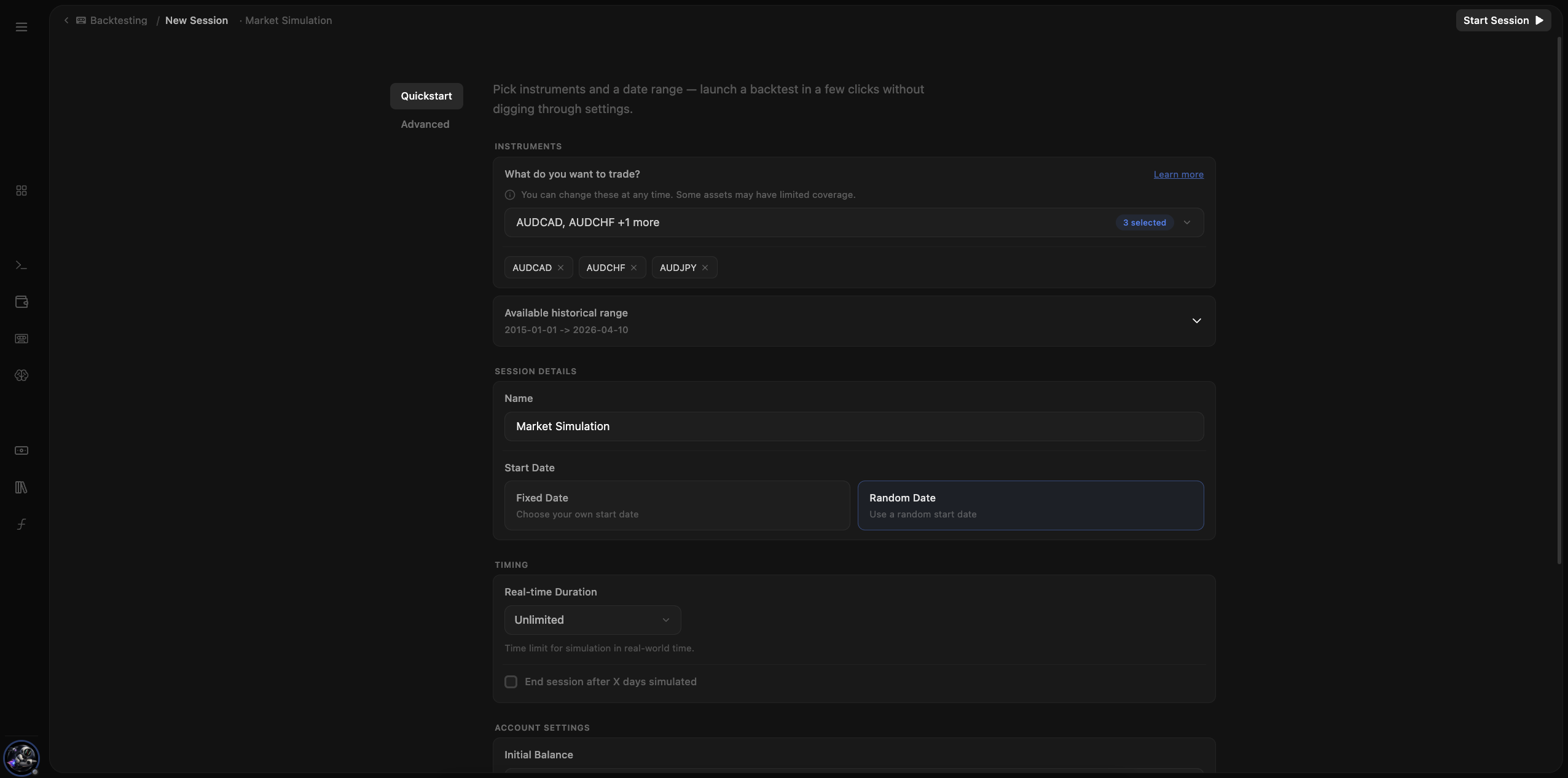 Create a new backtest session — pick instruments, date range, and starting balance before replay begins.