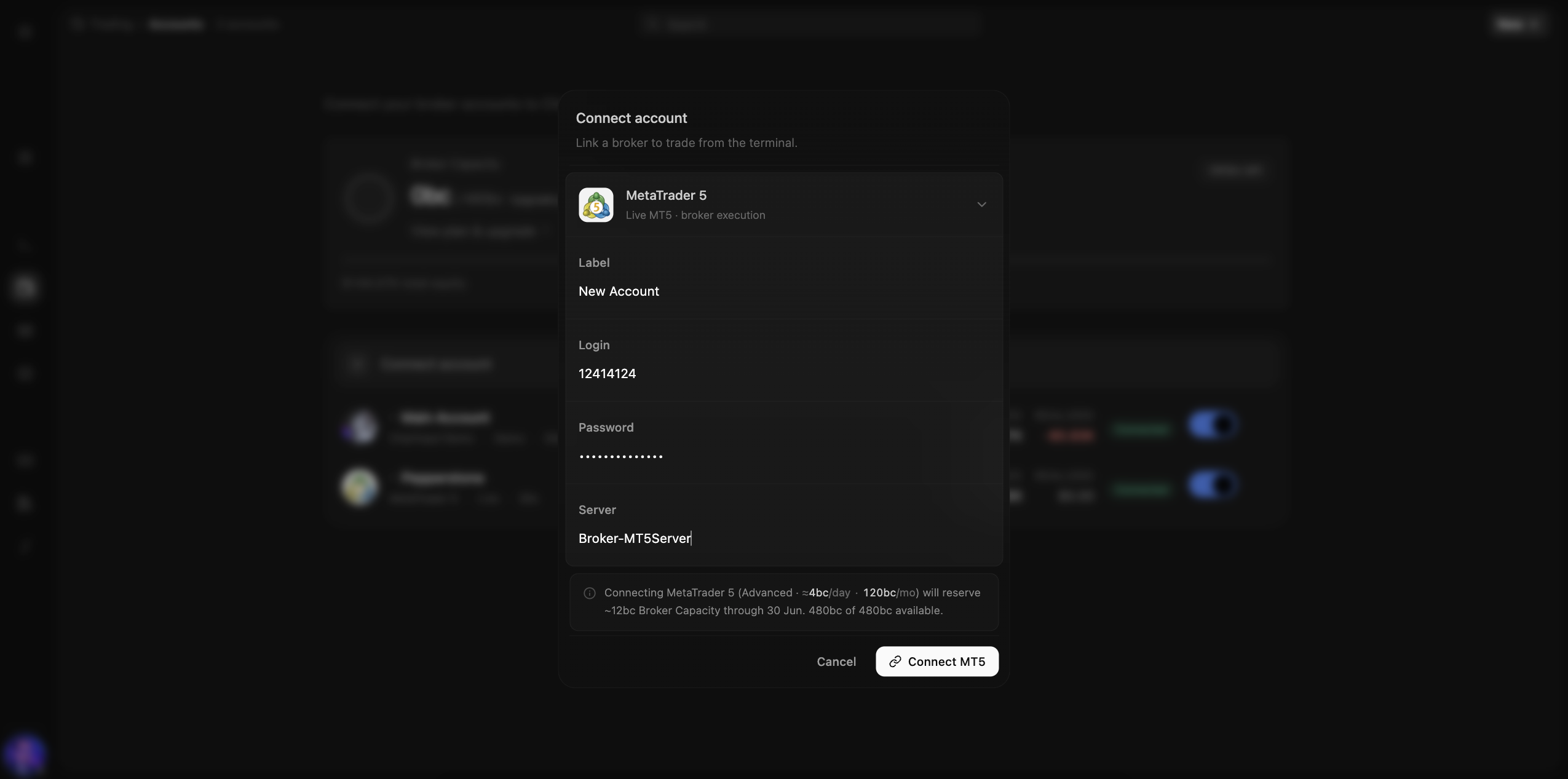 Connect broker dialog — MT5 login, trading password, server name, and account label fields.