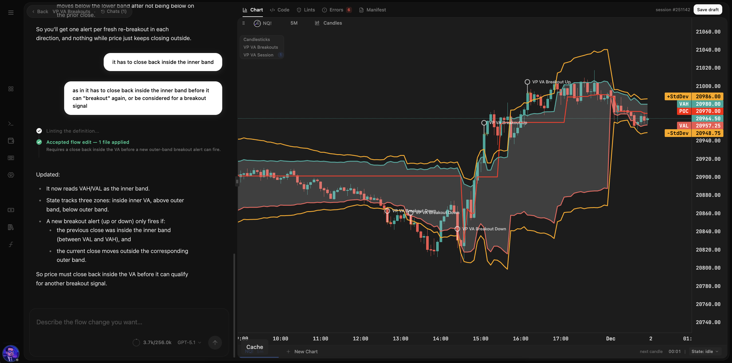 Definition builder — rule conditions on chart with detected event markers across history.