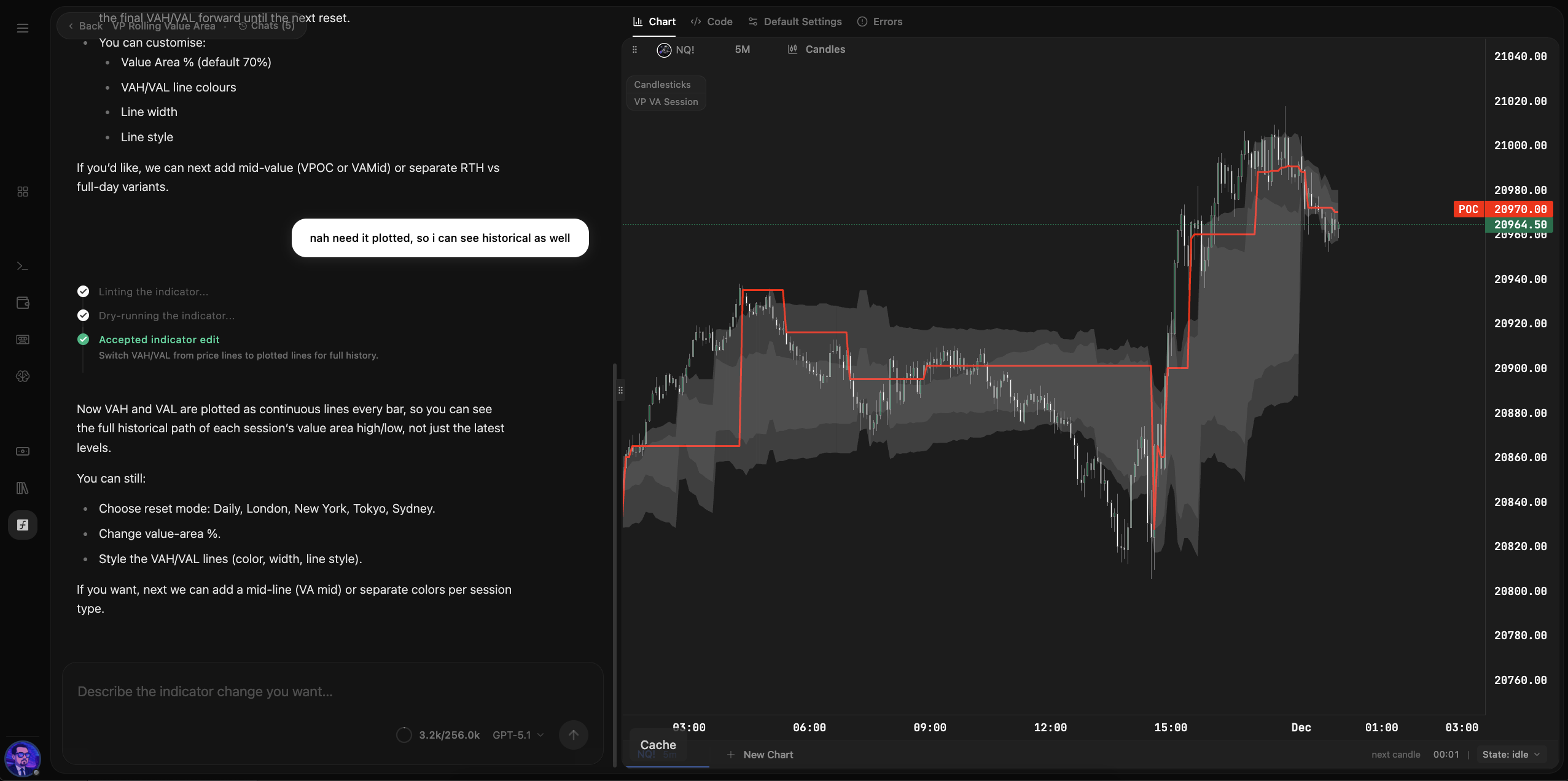 Indicator script editor — write signal logic with live chart preview on the same engine as replay and live.