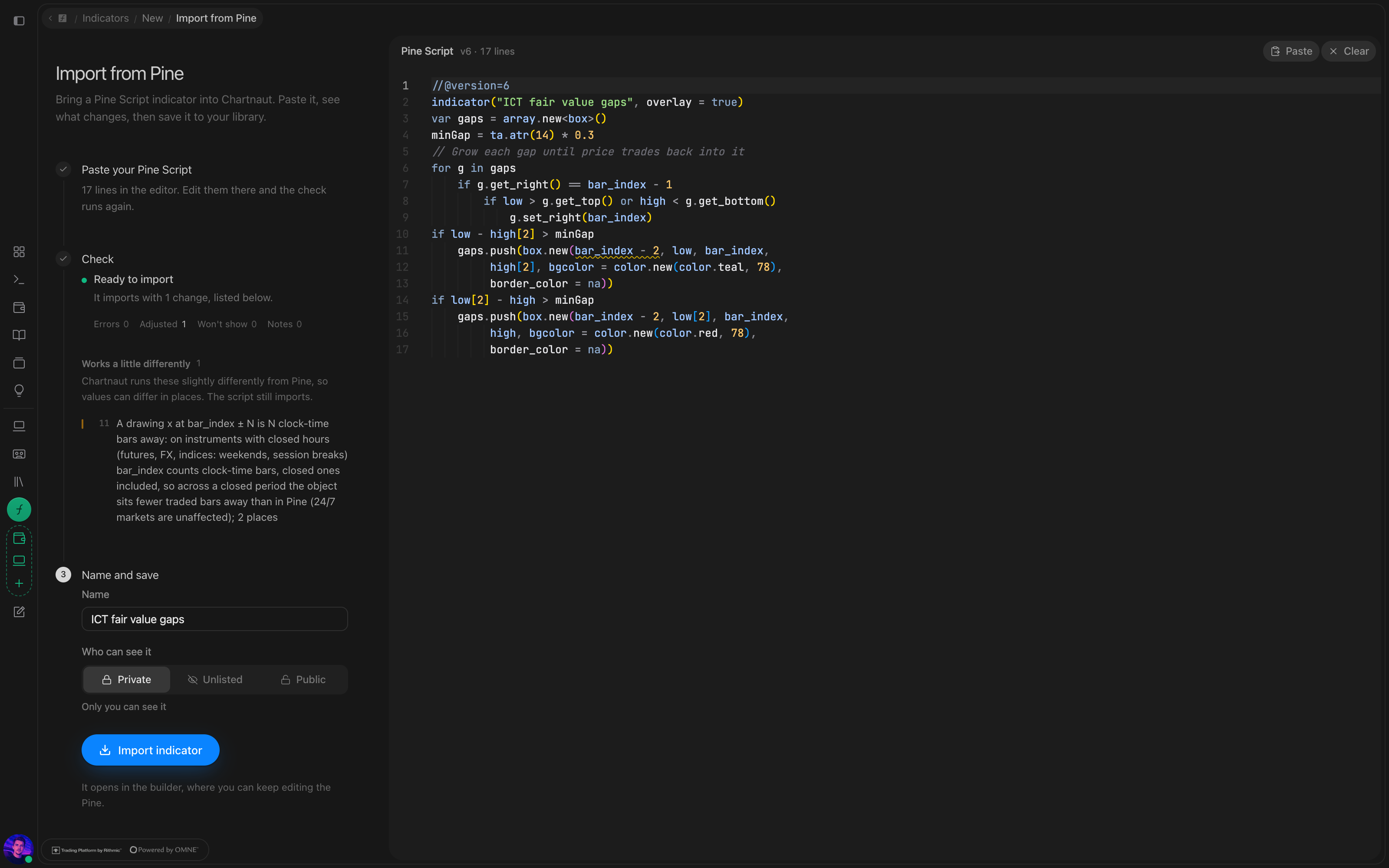 Pine Script indicators now run in Chartnaut