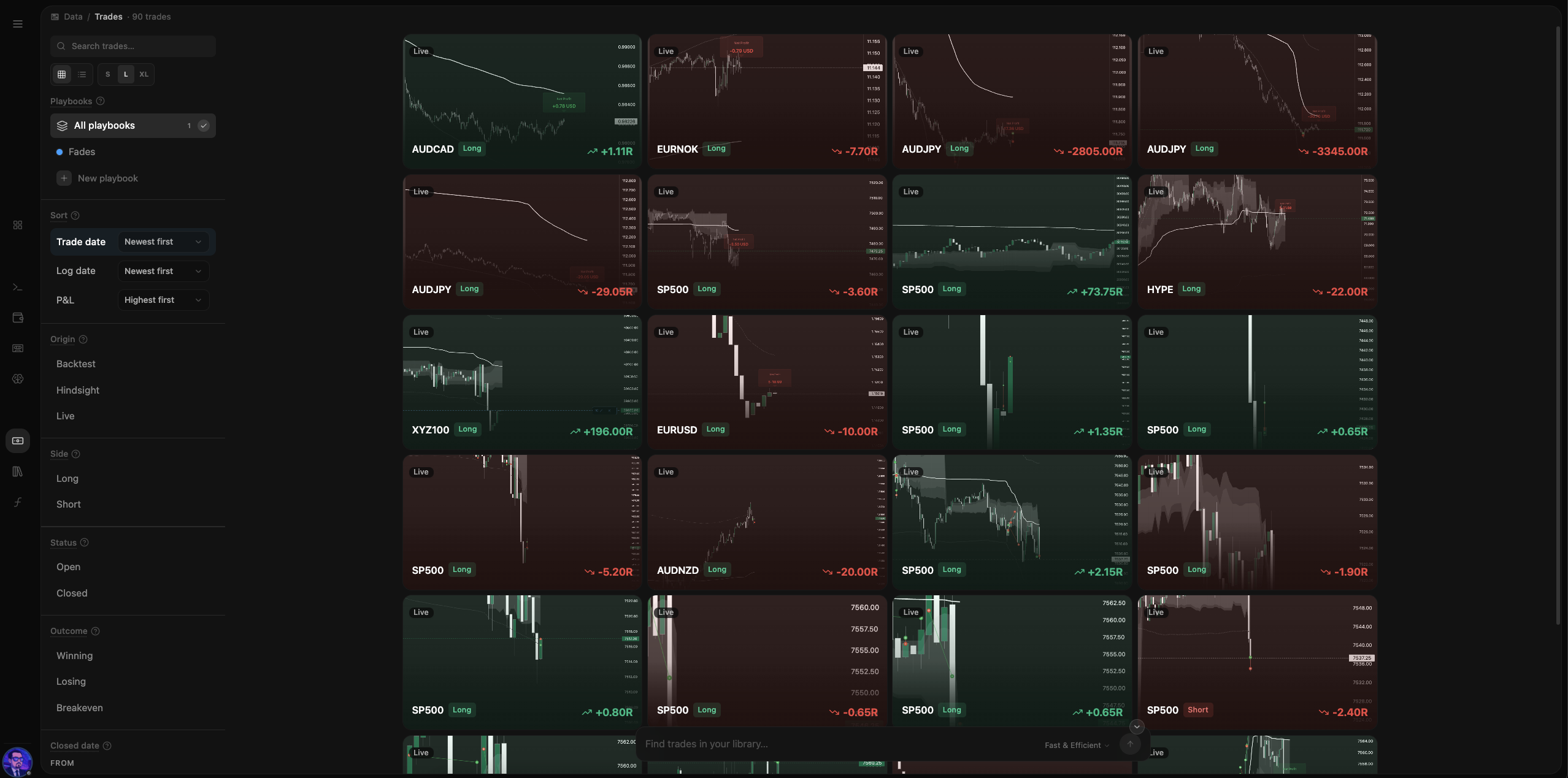 Trade library — every filed trade across playbooks, filterable by origin, outcome, tags, and date.
