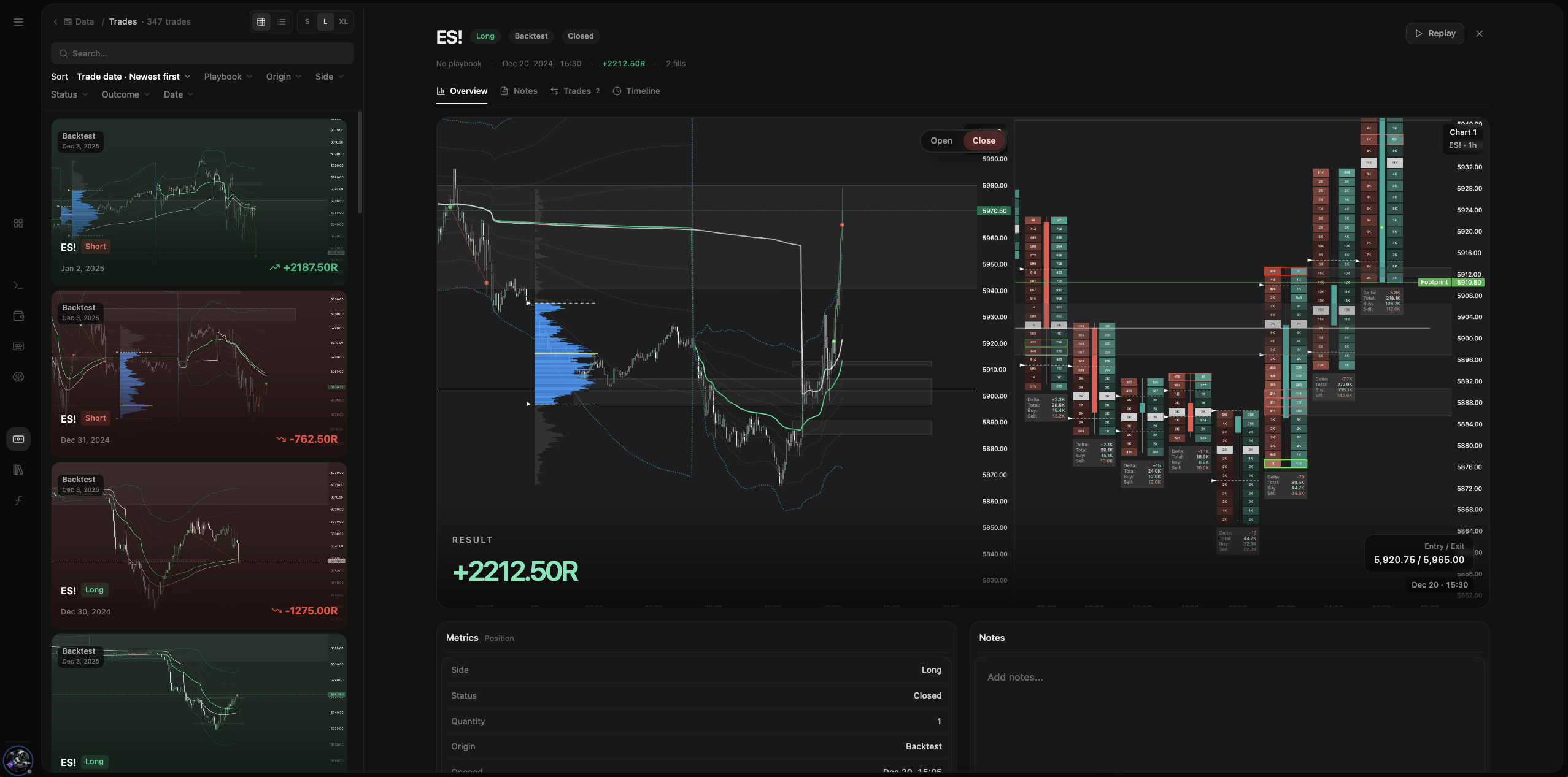Expanded trade detail — full mosaic at entry and exit, with notes, tags, and R on the same row.